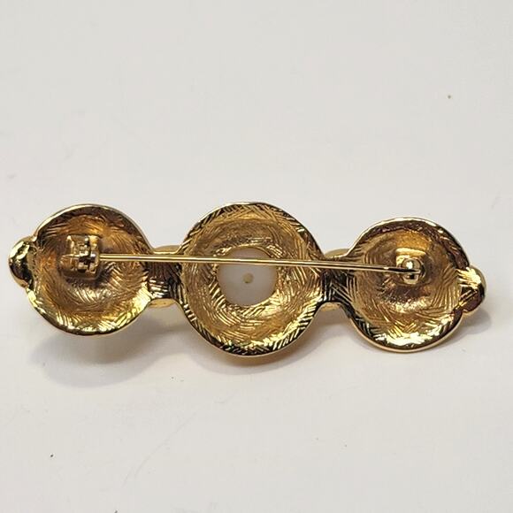 Cream Faux Pearl Cabochon Circle Bar Brooch Gold Tone Vintage Costume Jewelry - Picture 2 of 3